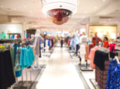 Cctv Security Camera Shopping Department Store On Background.