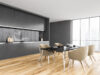Black And White Minimalist Kitchen, Black Table And Beige Chairs Near Window With City View, Side Vi