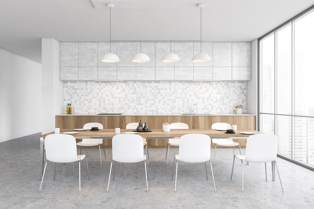White And Wooden Minimalist Kitchen, Front View, Dining Table With Chairs And Dishes, Window With Ci